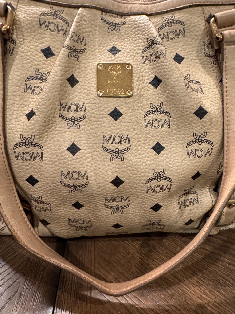 MCM Visetos Beige Monogram Shoulder Bag with Gold Hardware - Picture 4 of 14